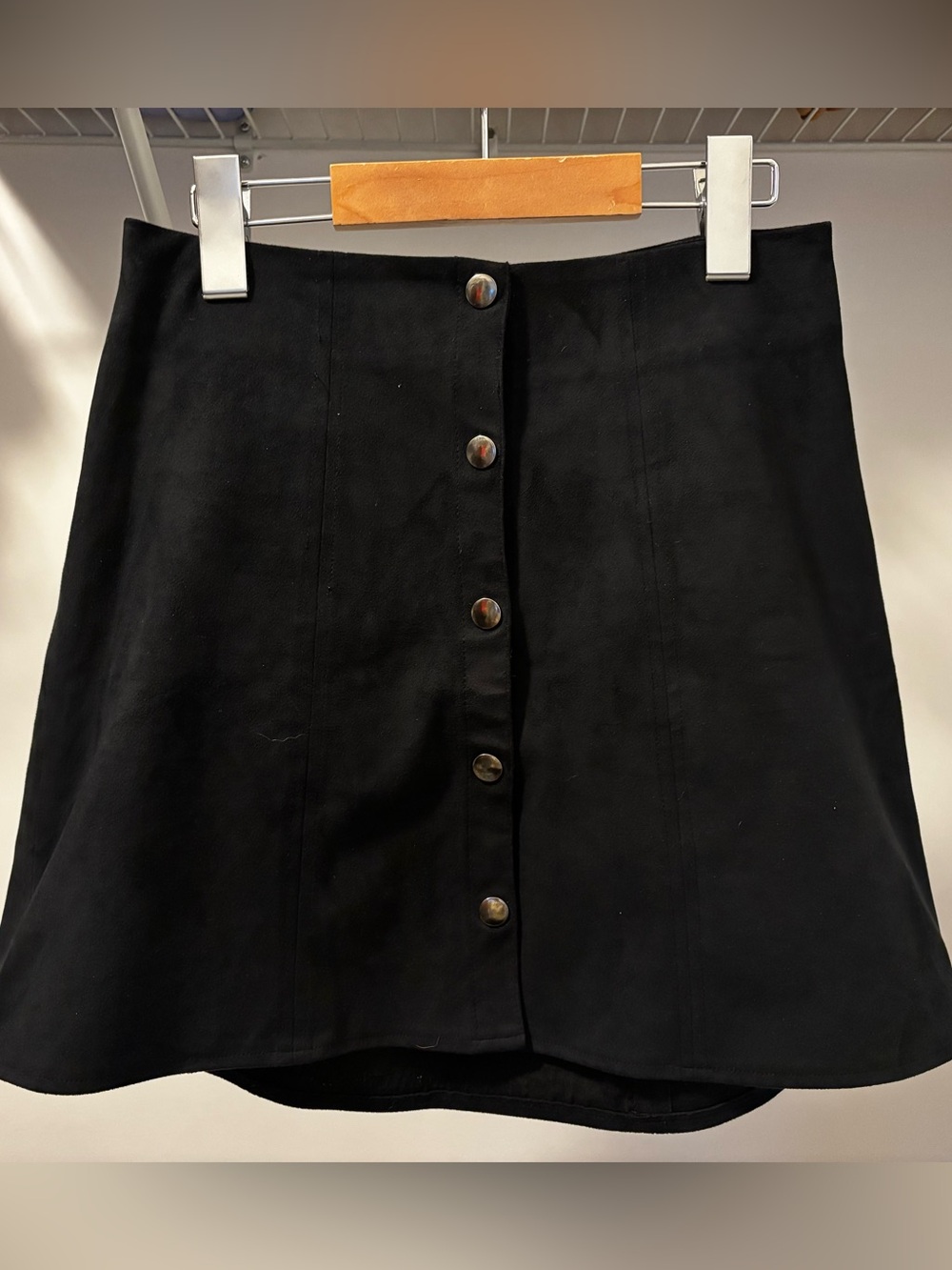 Black Button-Front Suede Skirt